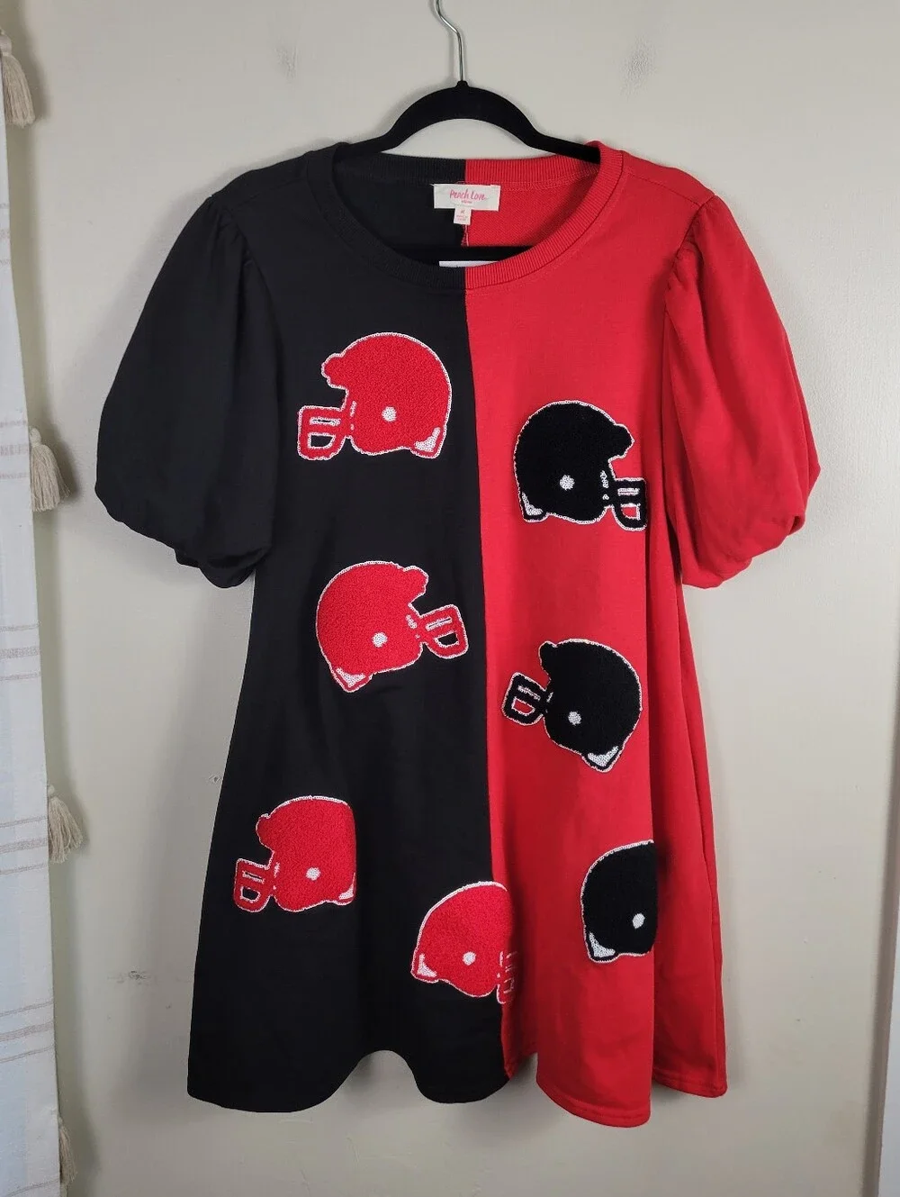 Peach Love Colorblock Red Black Puff Short Sleeve Football Helmet Mini Dress - Picture 5 of 11